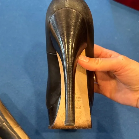 Fendi Black Leather Platform Pumps with Gold Logo Accent - Picture 6 of 8